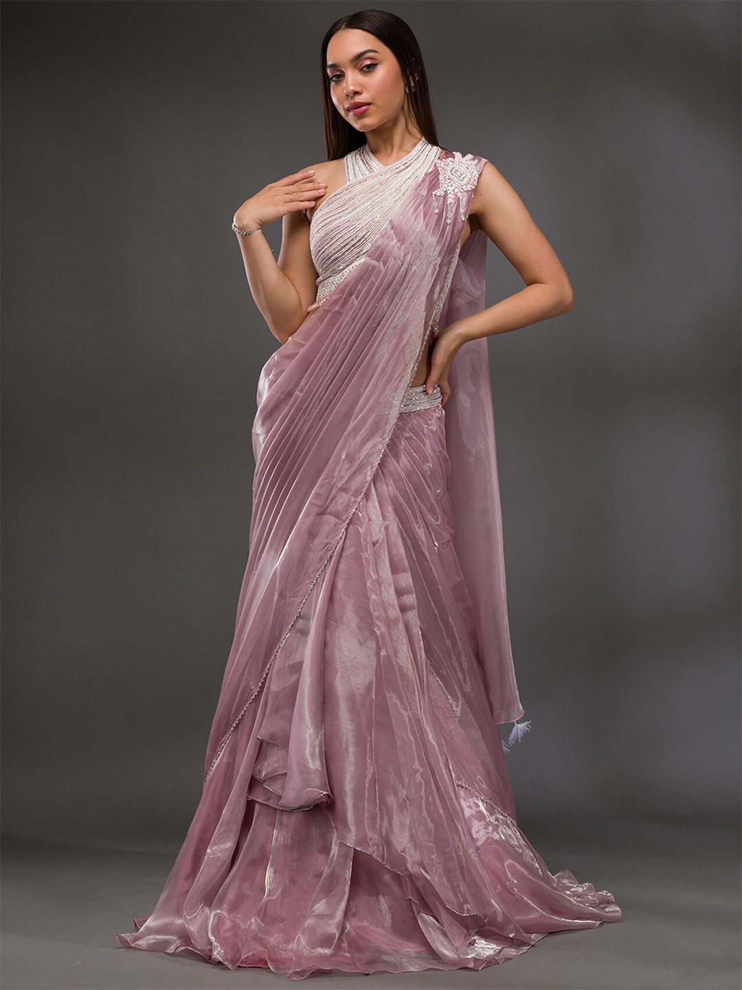 

Koskii Pink Embellished Organza Lehenga Saree