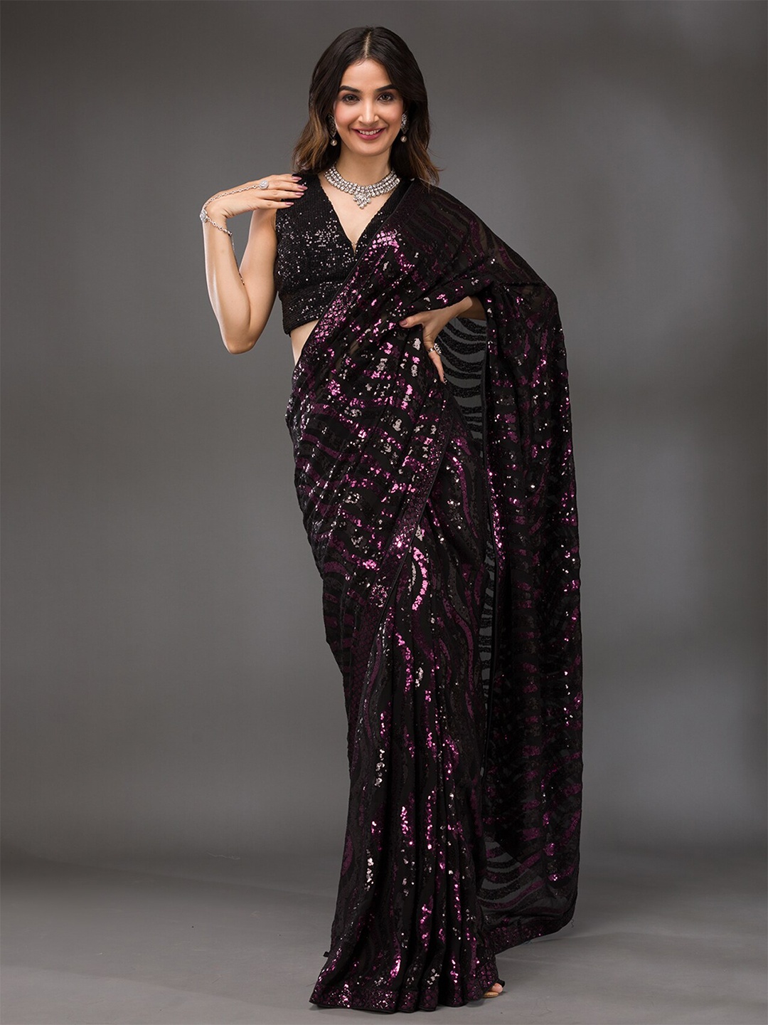 

Koskii Black Embellished Sequinned Pure Georgette Saree