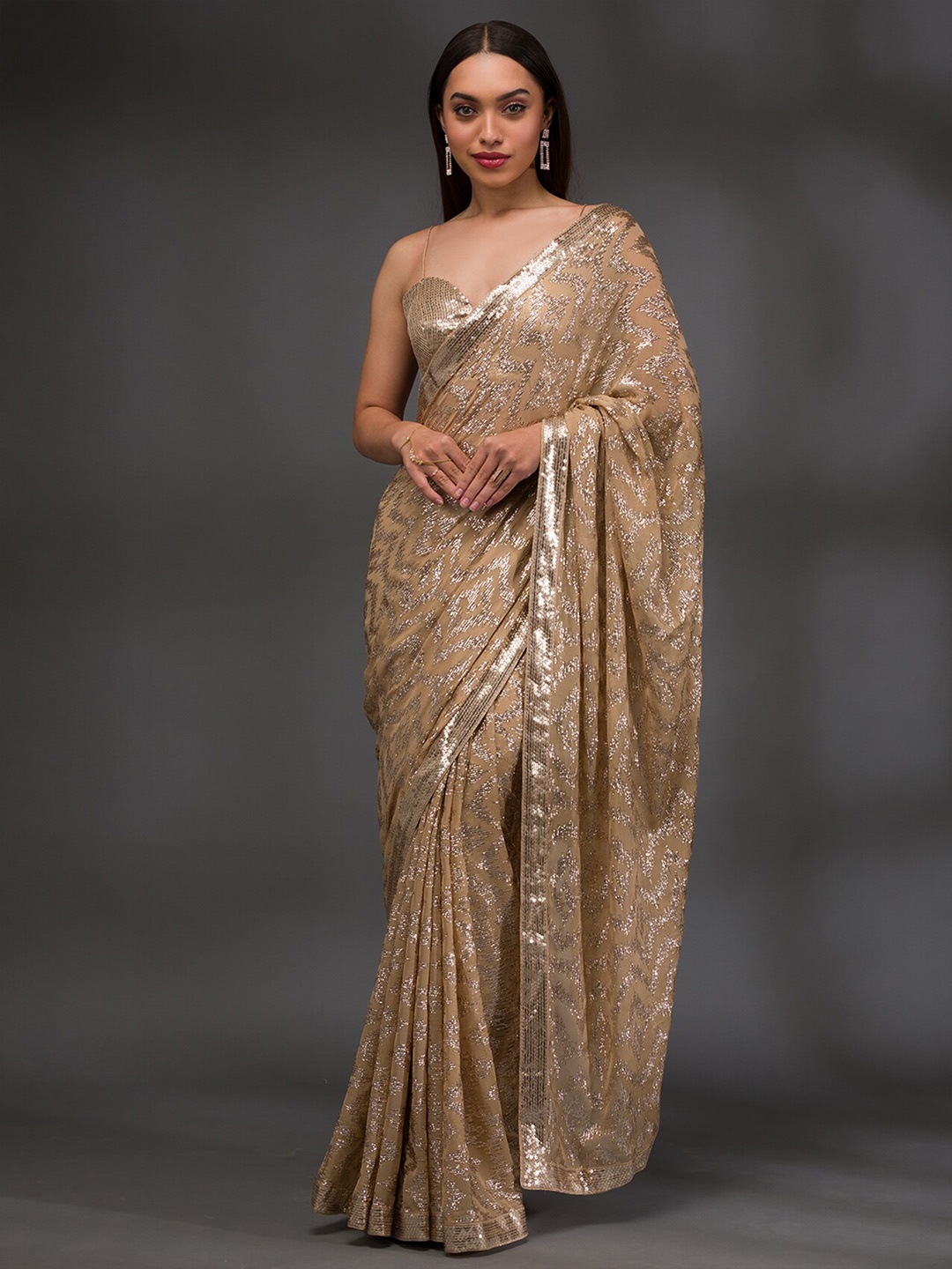 

Koskii Embellished Sequinned Pure Georgette Saree, Beige