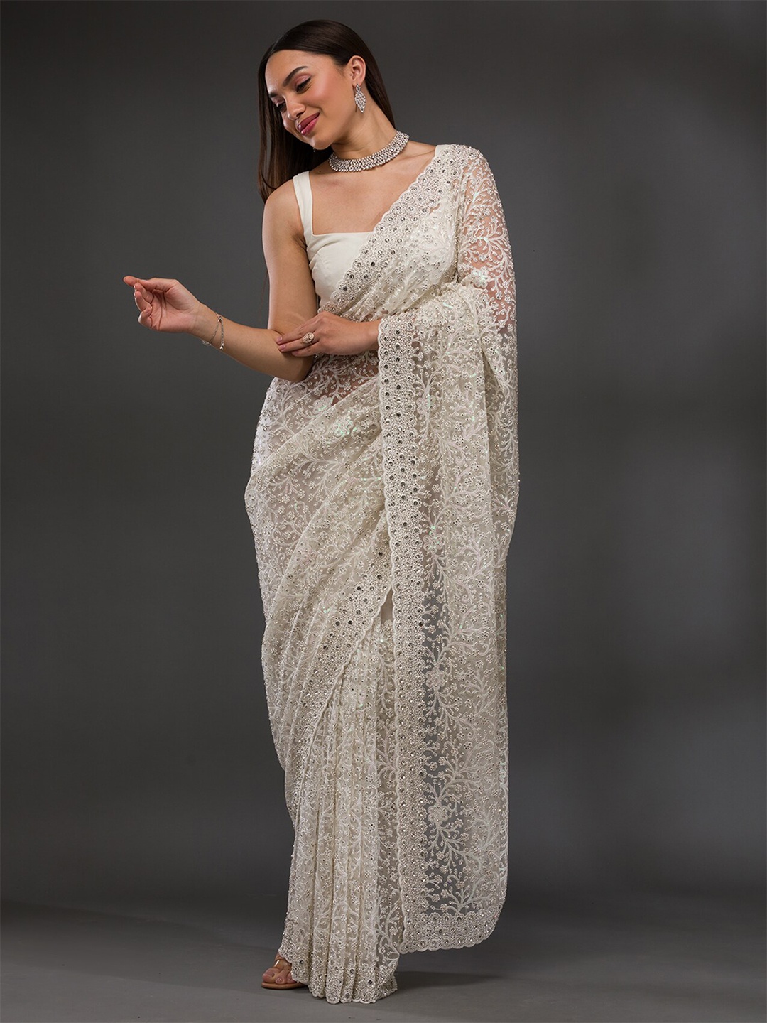 

Koskii Floral Embroidered Beads and Stones Net Saree, White