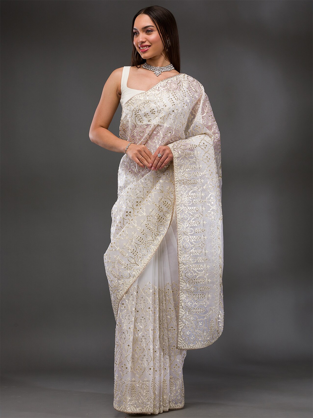 

Koskii Ethnic Motifs Embroidered Stones Tissue Saree, Cream