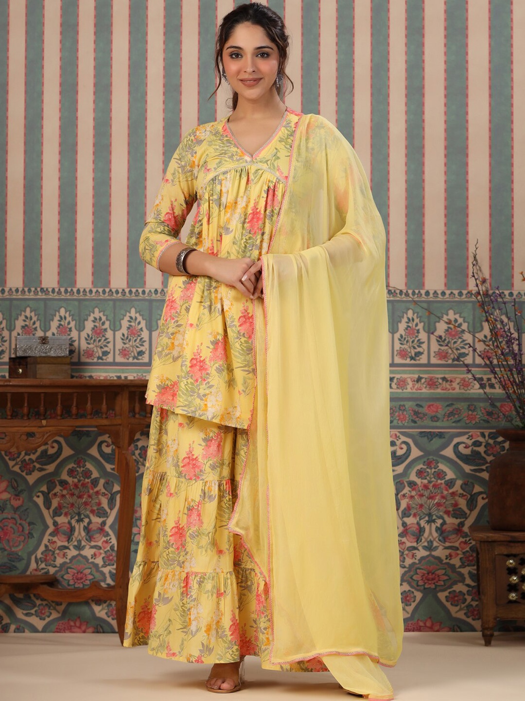 

Readiprint Fashions Floral Printed Kurta With Sharara & Dupatta, Yellow