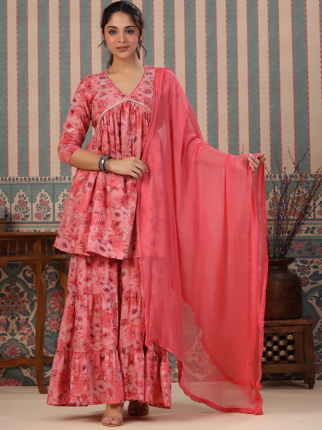 

Readiprint Fashions Floral Printed Pure Cotton Gotta Patti Kurta With Sharara & Dupatta, Pink