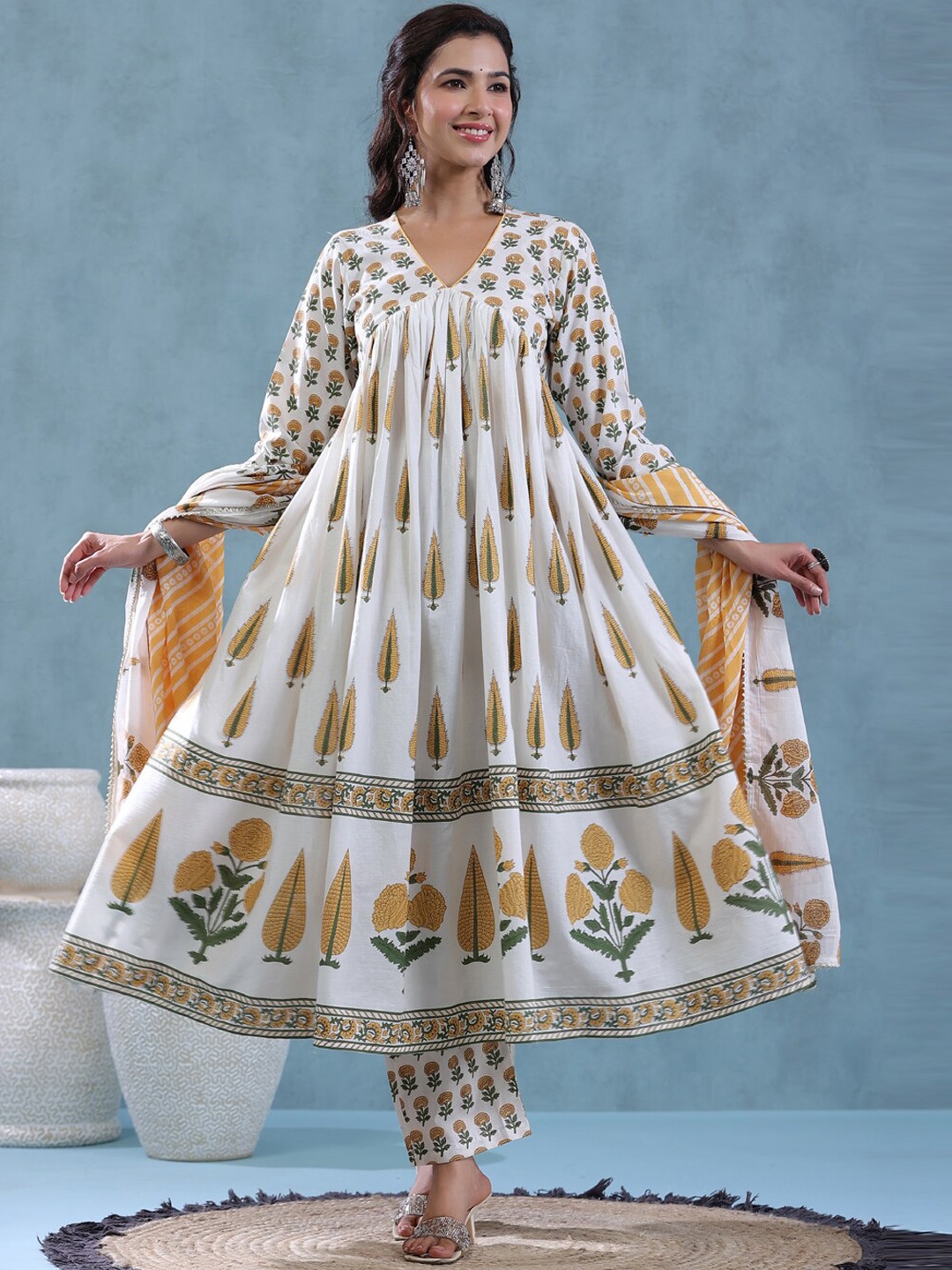 

Readiprint Fashions Floral Printed Pure Cotton Empire Kurta With Palazzos & Dupatta, Cream