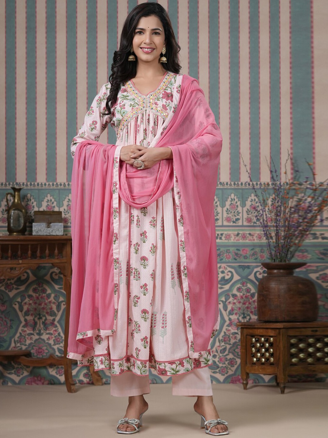

Readiprint Fashions Ethnic Motifs Printed Pleated Mirror Work Pure Cotton Kurta Set, Pink