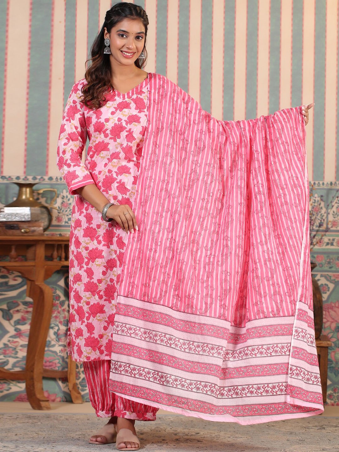 

Readiprint Floral Printed Pure Cotton Kurta With Harem Pants & Dupatta, Pink
