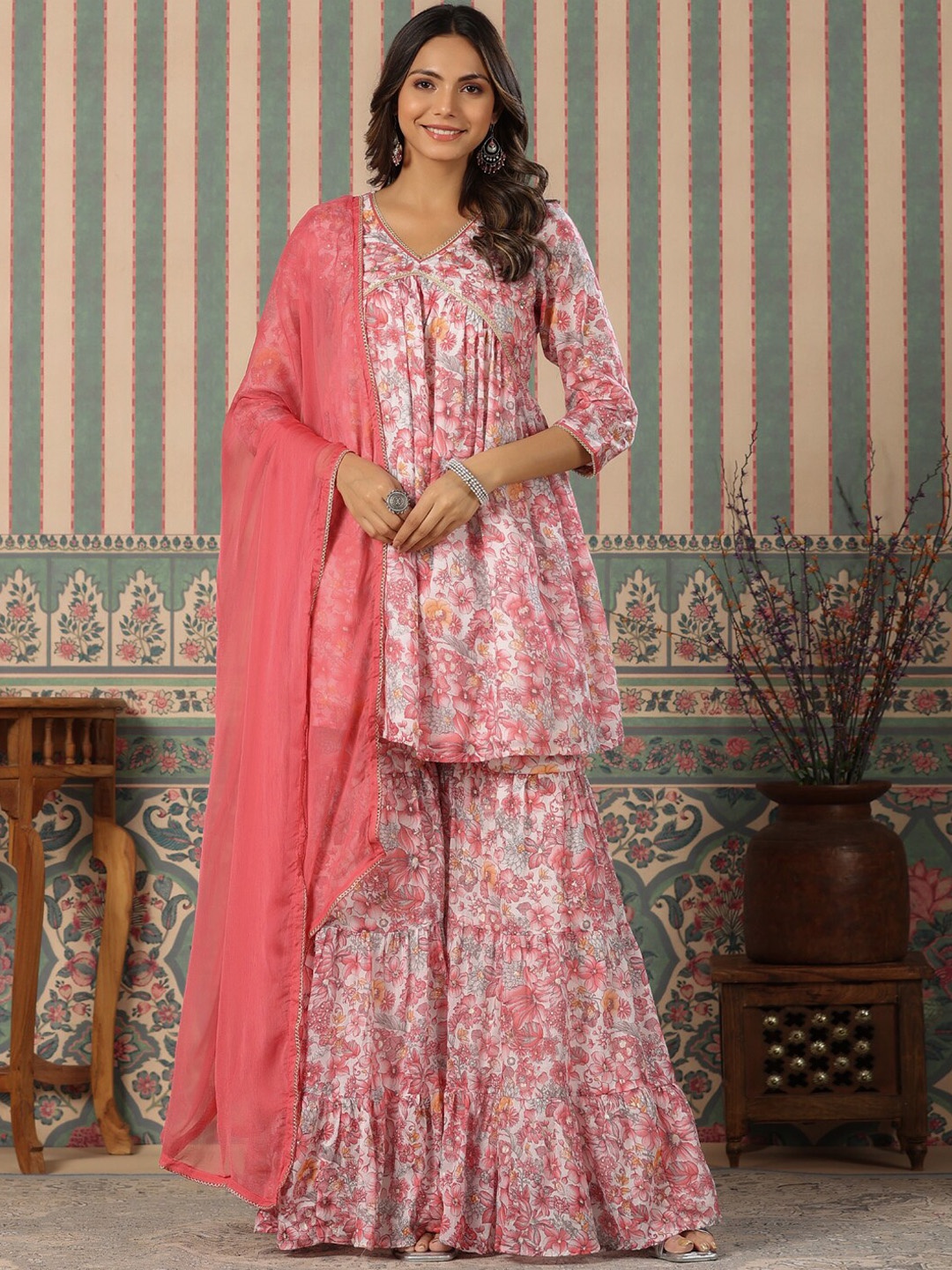 

Readiprint Fashions Floral Printed Empire Pure Cotton Kurti With Sharara & Dupatta, Pink