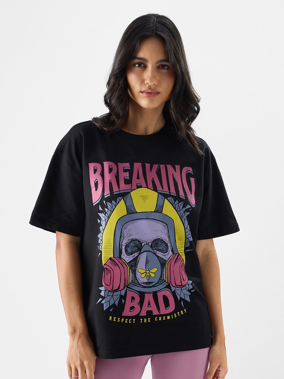 

The Souled Store Graphic Printed Cotton Drop-Shoulder Sleeves Oversized T-Shirt, Black