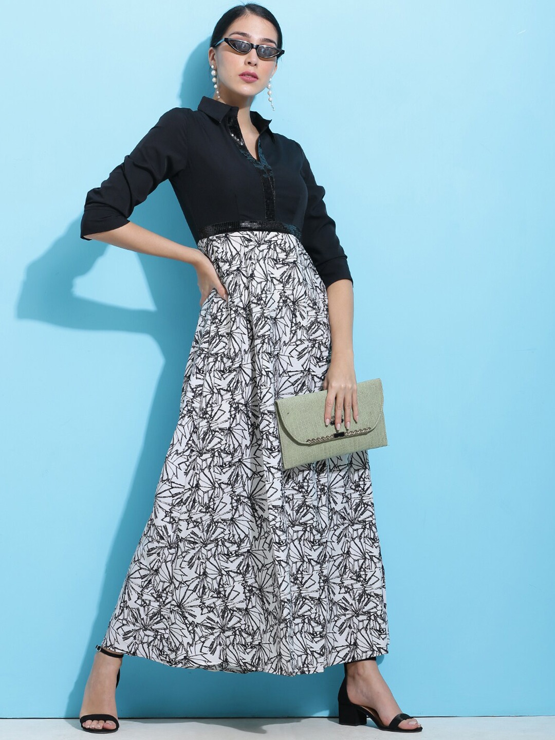 

SQew Floral Printed A-Line Midi Dress, Black