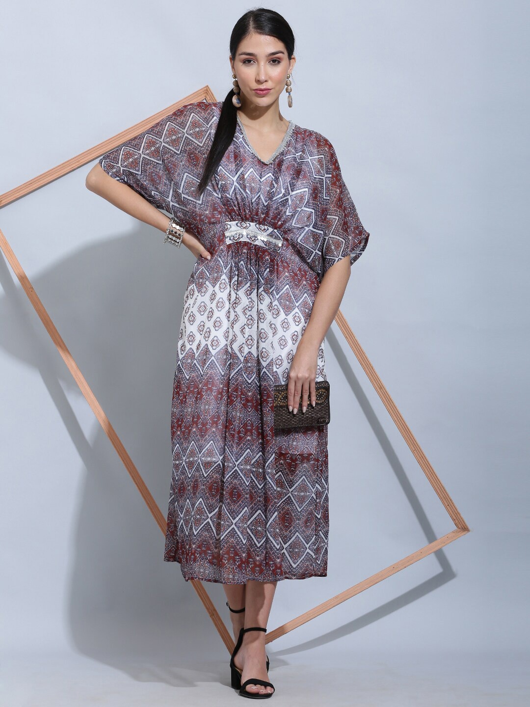 

SQew Geometric Printed Kimono Sleeves Lace Up Kaftan Midi Dress, Brown