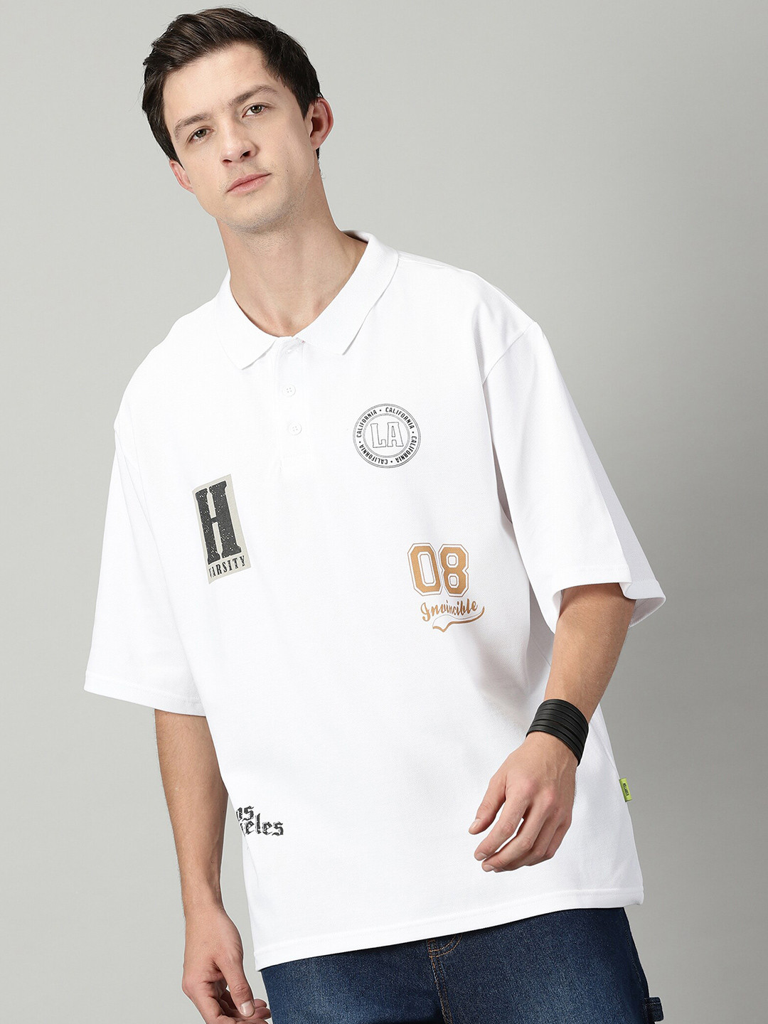 

THE HOLLANDER Typography Printed Cotton Drop-Shoulder Sleeves Oversized Fit T-Shirt, White
