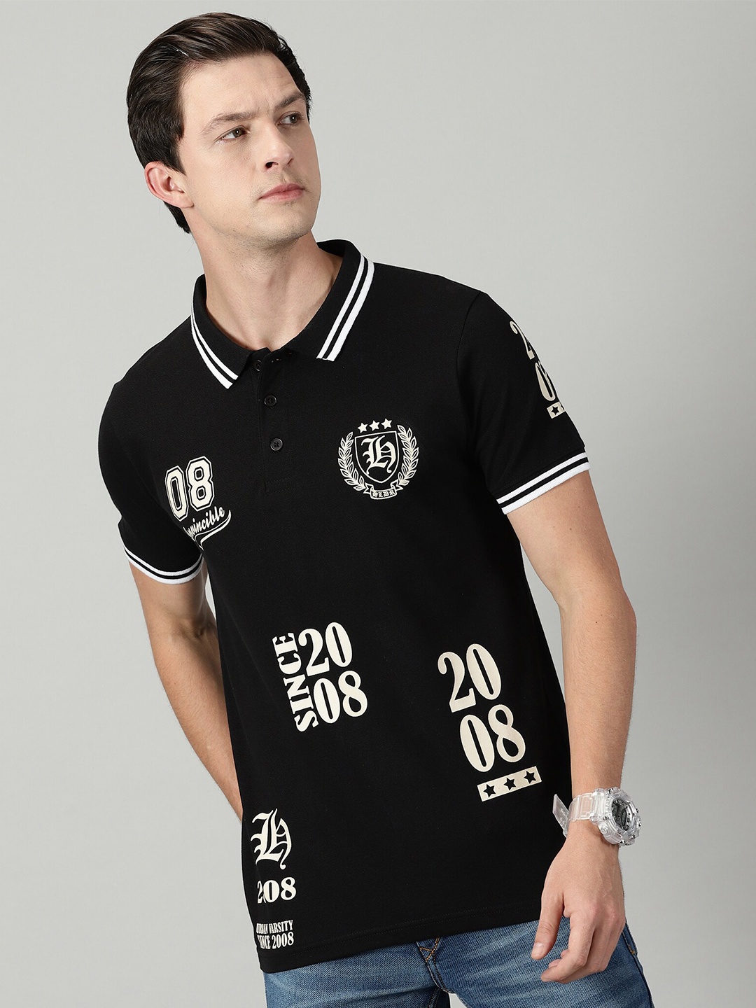 

THE HOLLANDER Typography Printed Cotton Polo Collar Regular Fit T-Shirt, Black