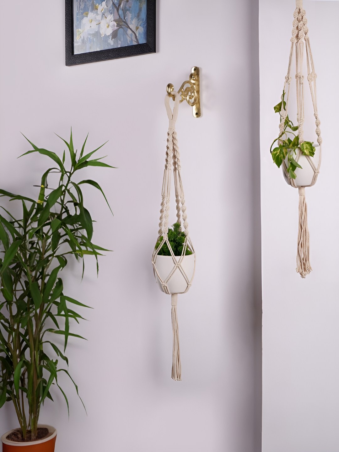 

ecofynd Macrame Off White & Gold Toned Ceramic Planter With Wall Bracket & Plant Hanger