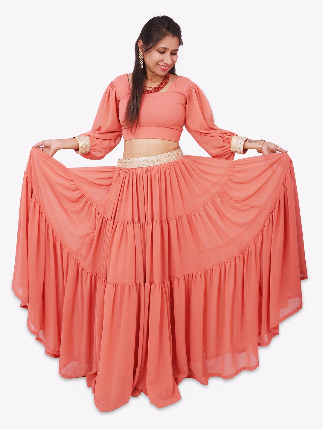 

WEAVERS SAGA Square Neck Puff Sleeves Ready to Wear Lehenga Choli, Pink