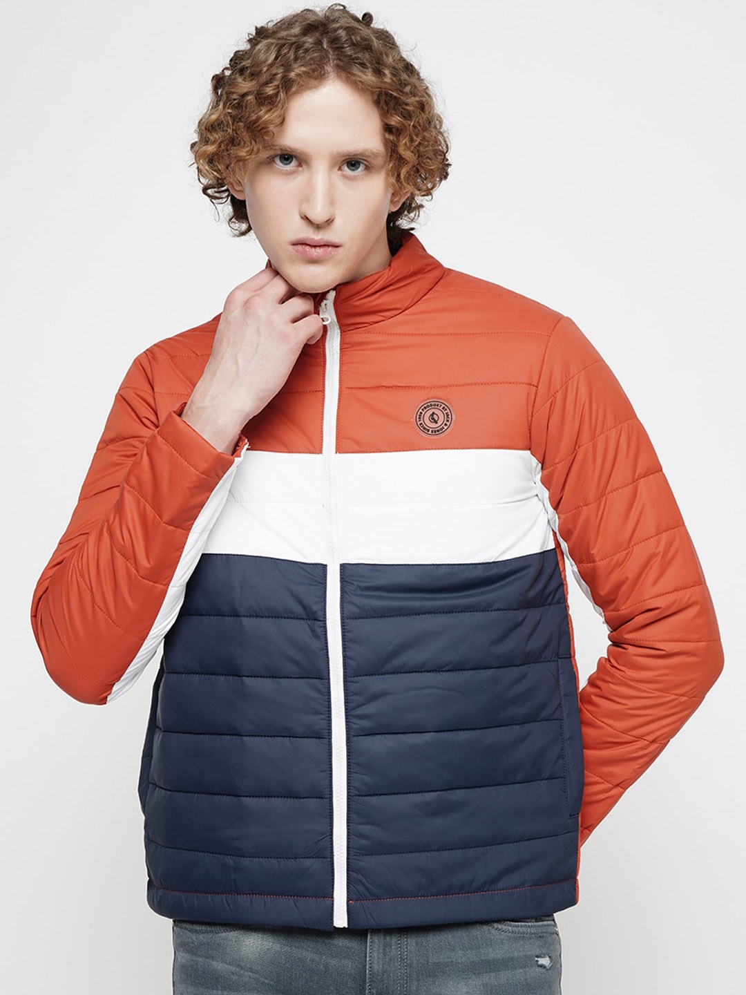 

Jack & Jones Colourblocked Mock Collar Puffer Jacket, Orange
