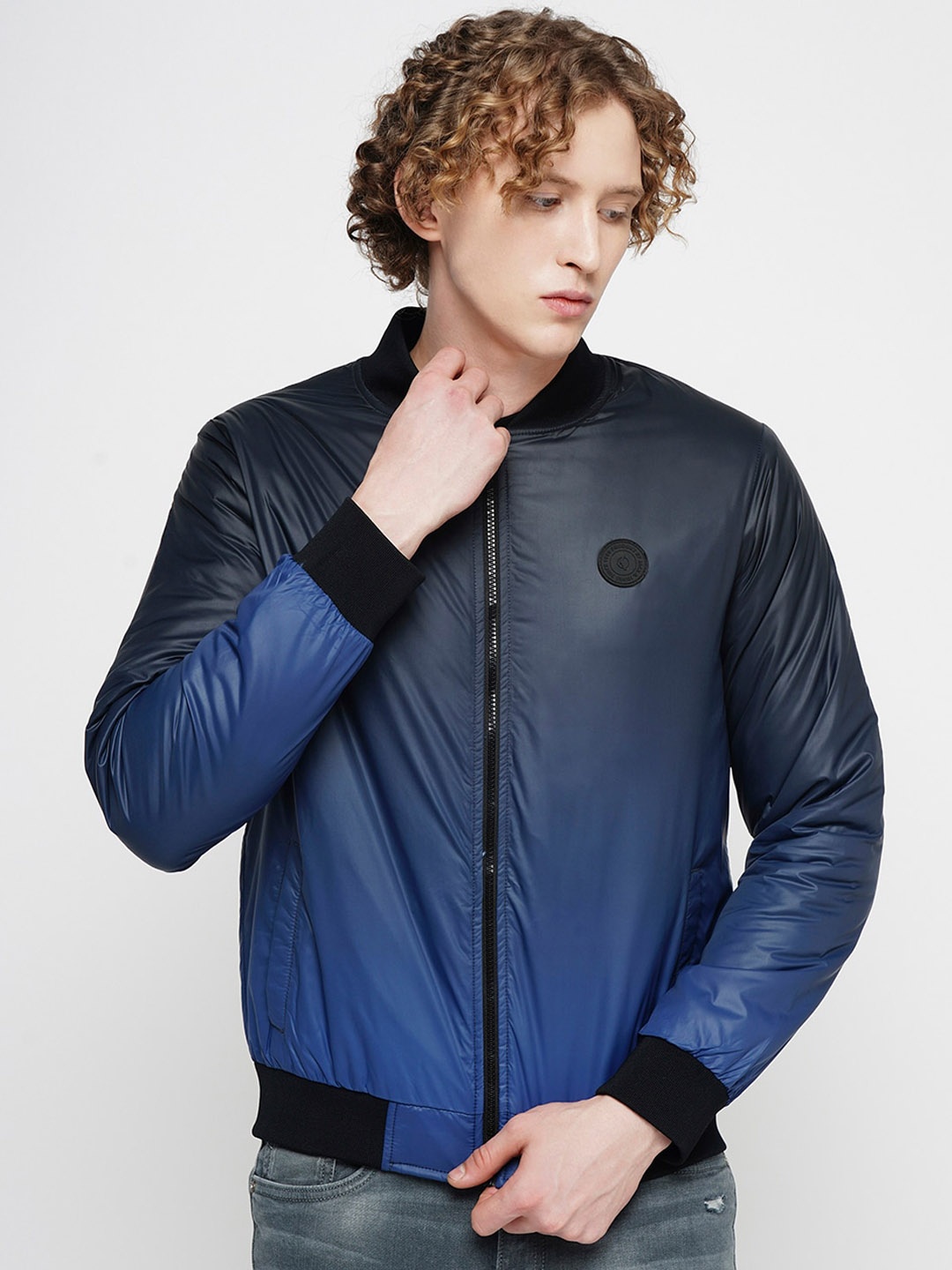 

Jack & Jones Colourblocked Stand Collar Bomber Jacket, Blue