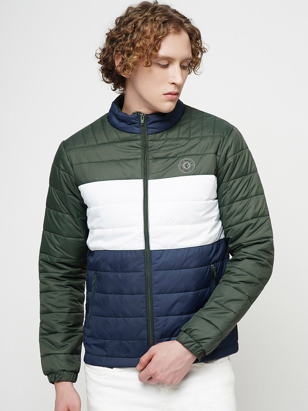 

Jack & Jones Colourblocked Stand Collar Puffer Jacket With Zip Detail, Green