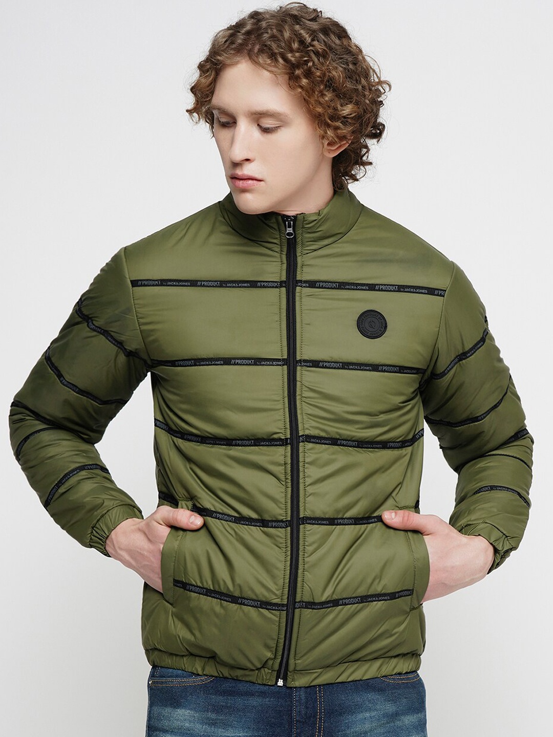 

Jack & Jones Typography Printed Stand Collar Puffer Jacket With Zip Detail, Green