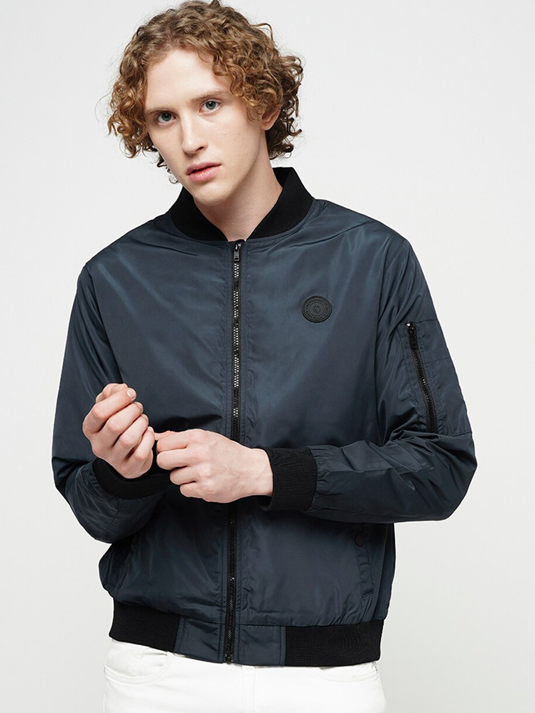 

Jack & Jones Stand Collar Bomber Jacket With Zip Detail, Navy blue