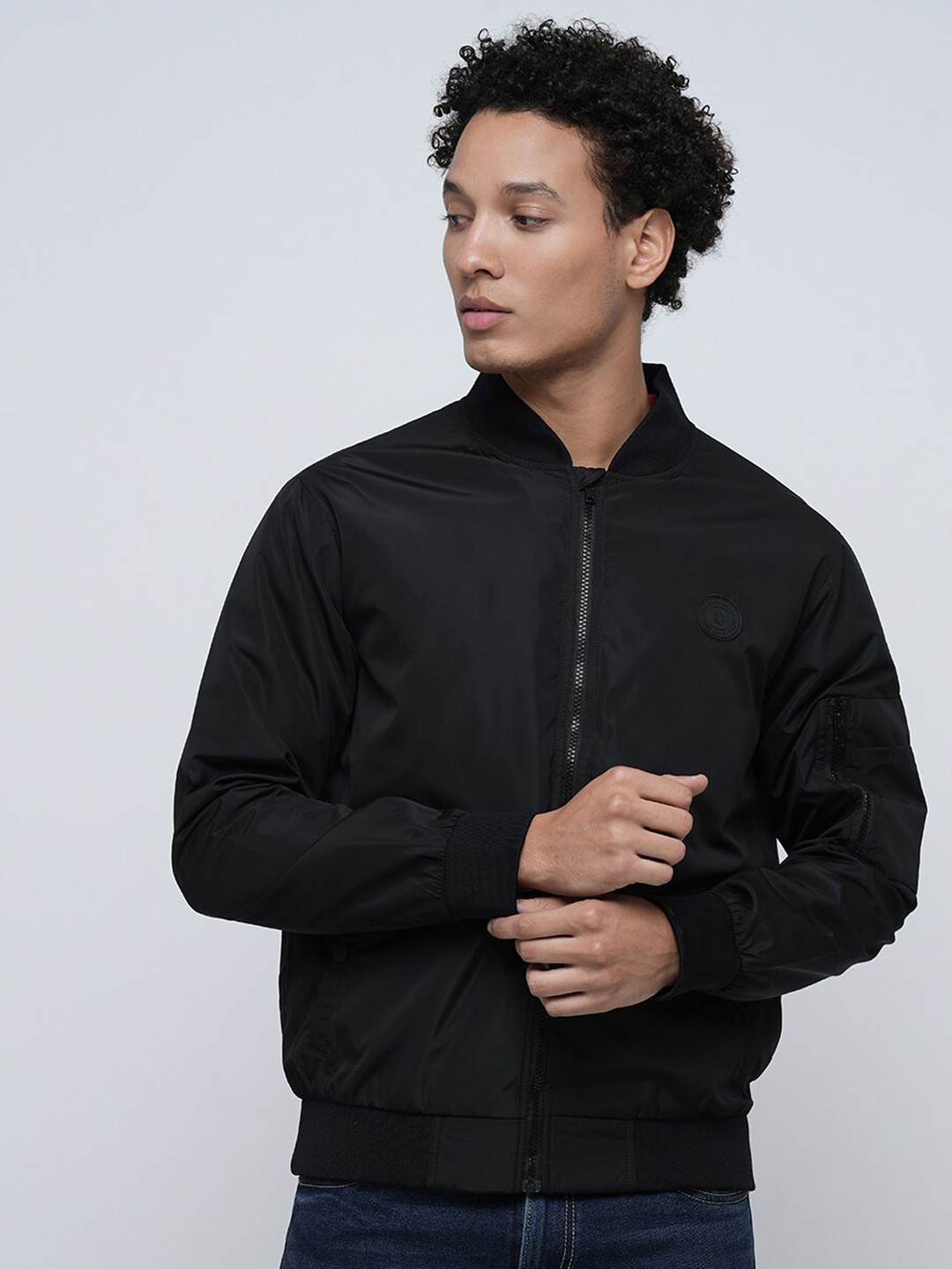 

Jack & Jones Stand Collar Bomber Jacket With Zip Detail, Black