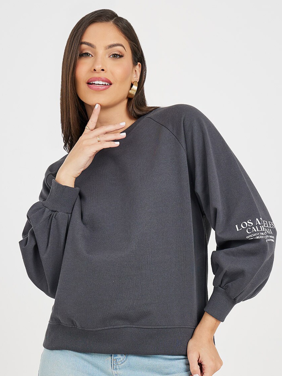 

Styli Charcoal Typography Printed Cotton Pullover Sweatshirt