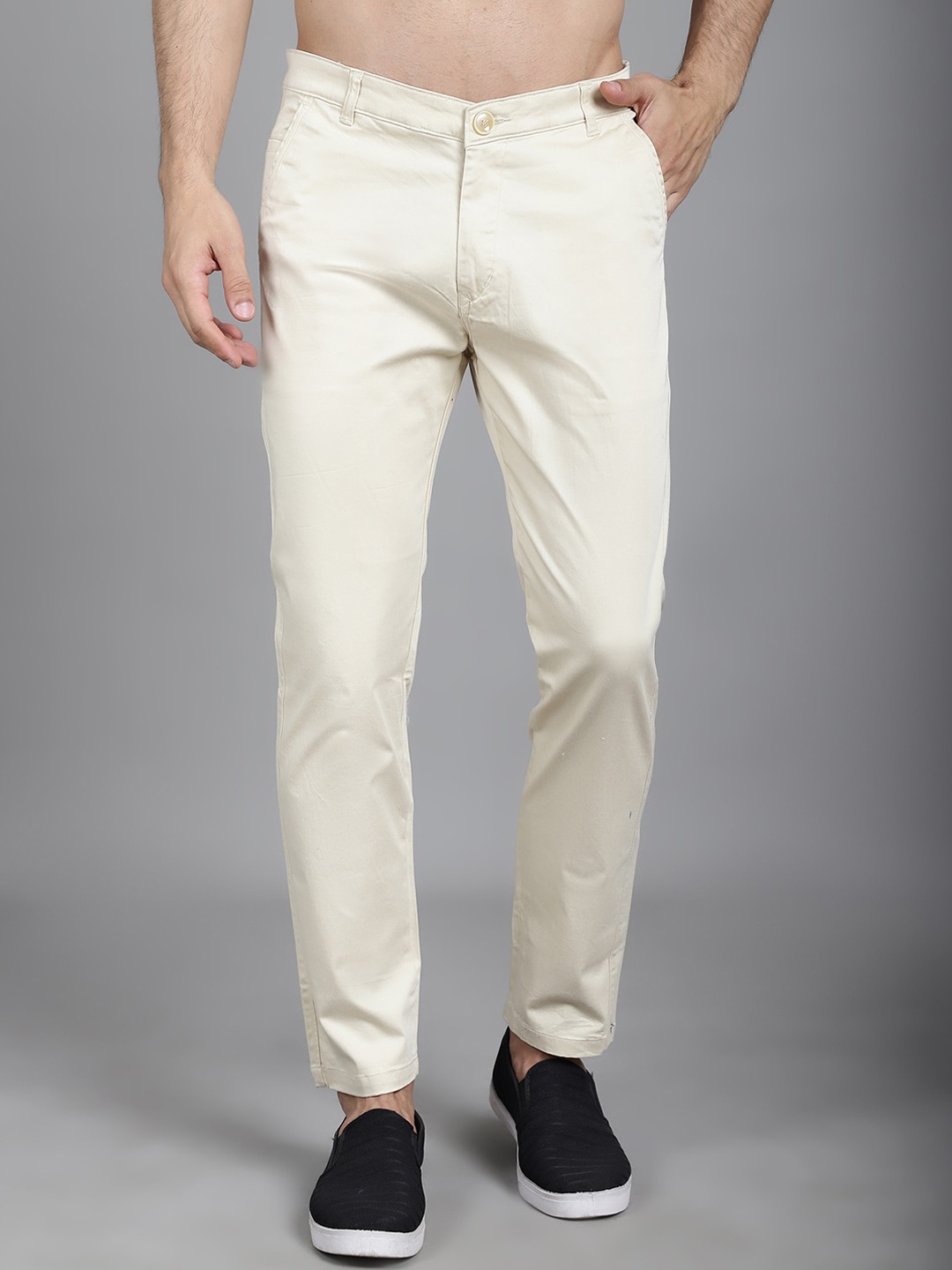 

JAINISH Men Relaxed Tapered Fit Easy Wash Pure Cotton Chinos Trousers, Cream