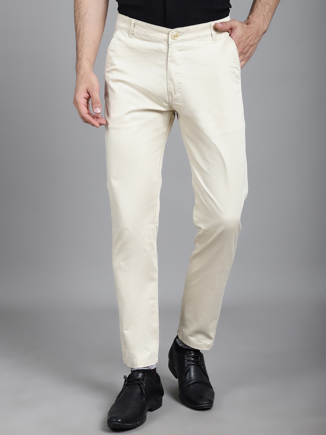 

JAINISH Men Relaxed Tapered Fit Easy Wash Pure Cotton Formal Trousers, Cream