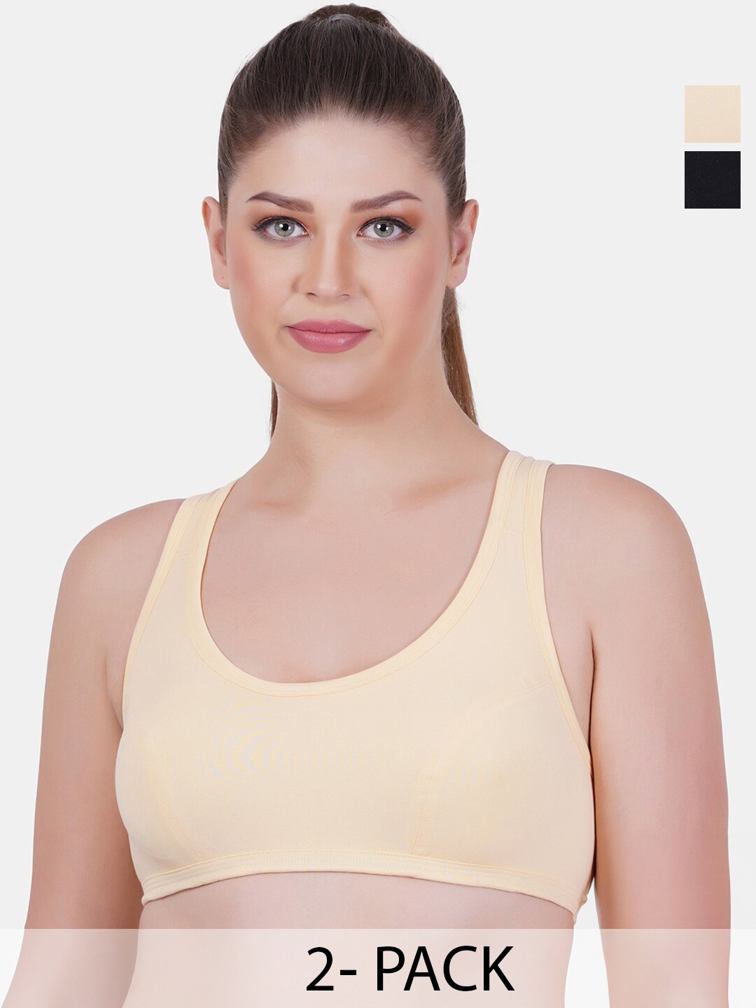 

Reveira Pack Of 2 Dry Fit Workout Bra Medium Coverage Non Padded Seamless High Support, Black