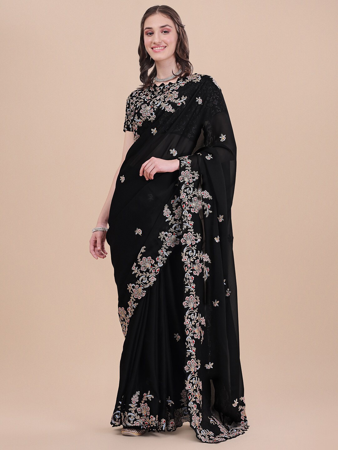 

KALINI Floral Embroidered Saree, Black