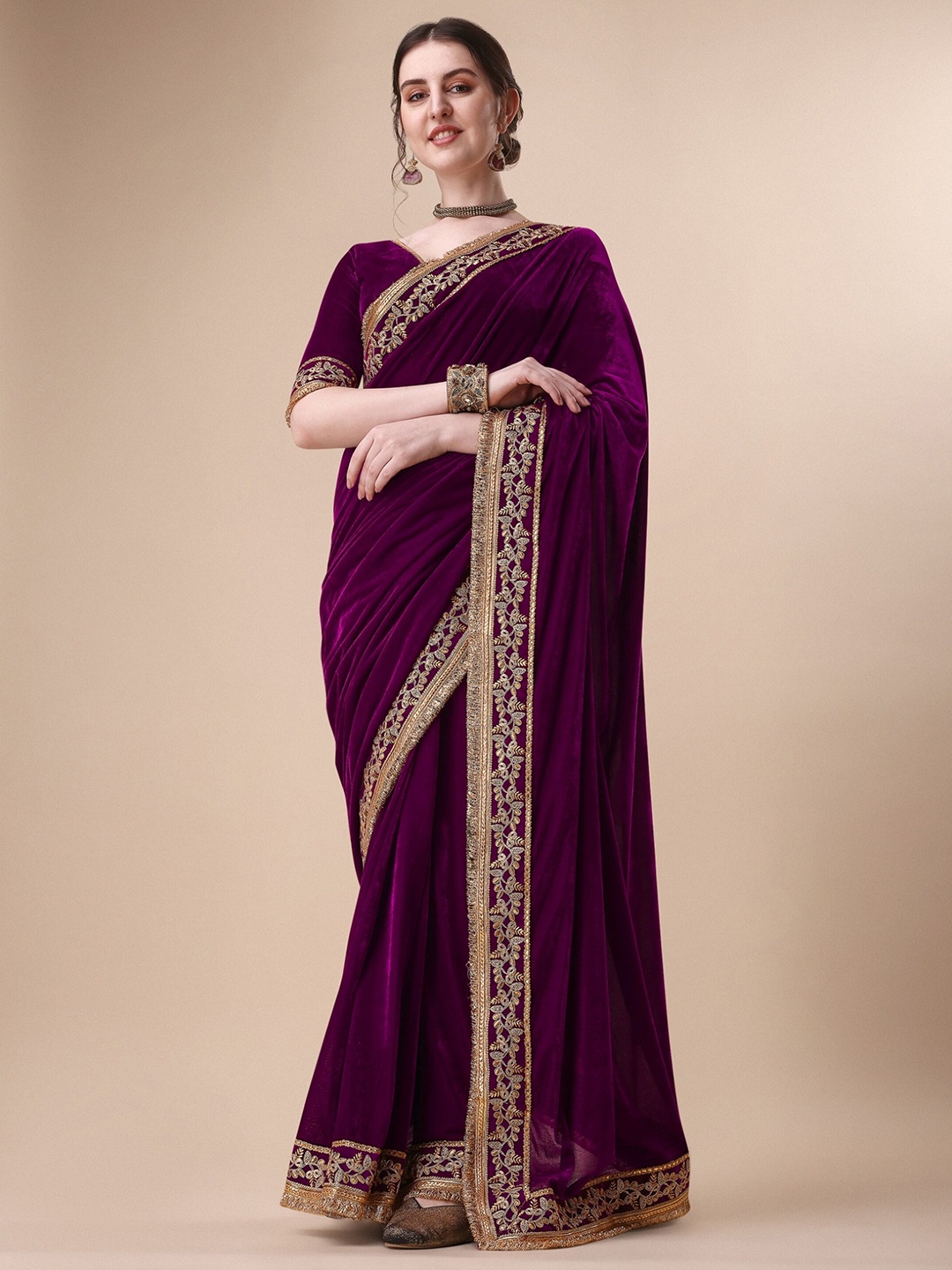 

KALINI Embroidered Detail Velvet Saree, Purple