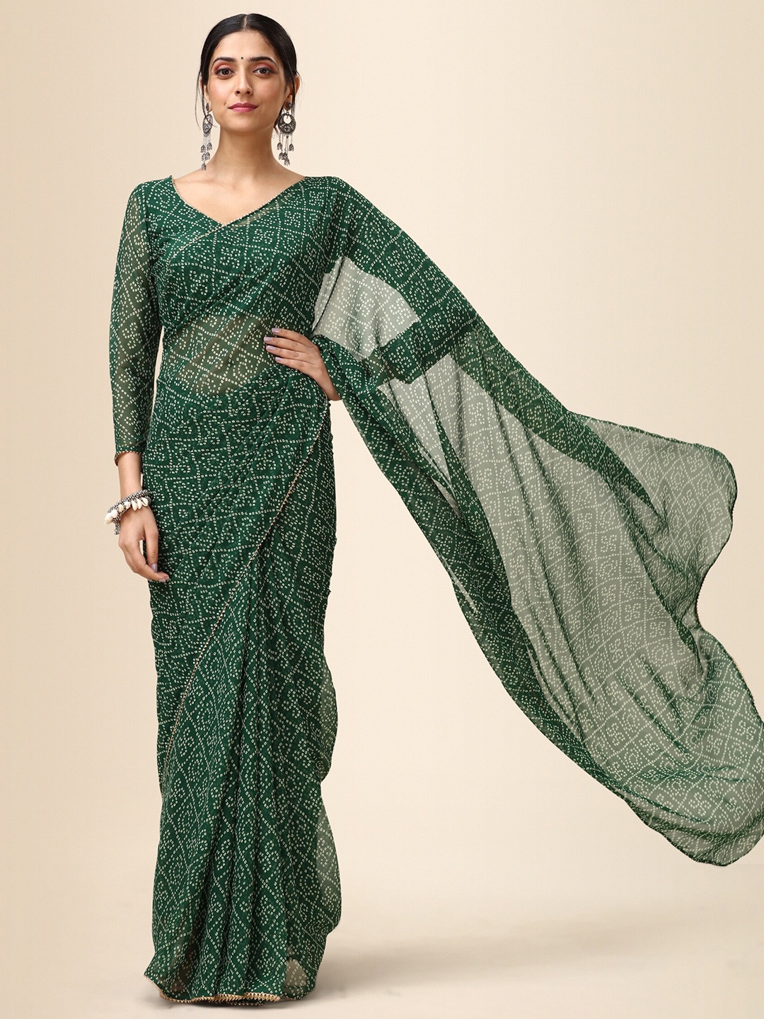 

KALINI Bandhani Printed Pure Georgette Saree, Green