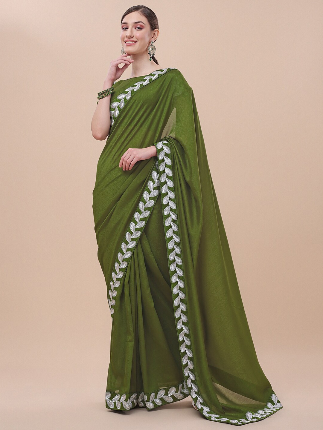 

KALINI Embroidered Detail Saree, Olive