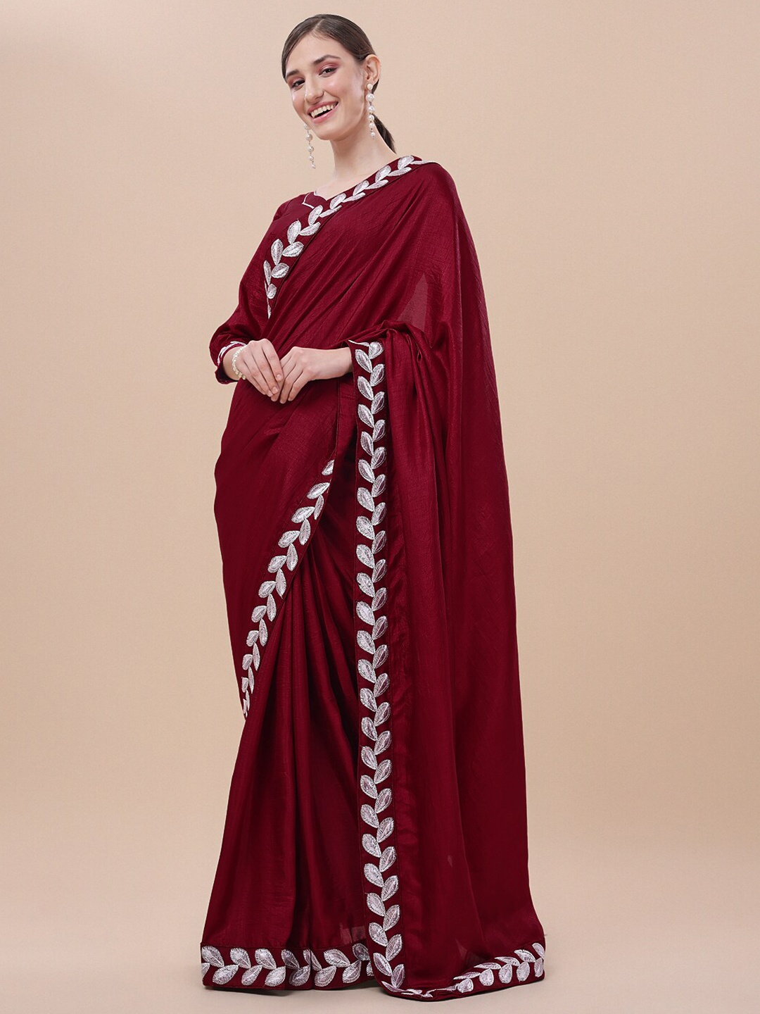 

KALINI Embroidered Silk Blend Saree, Maroon
