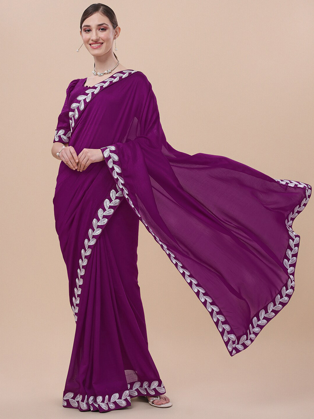 

KALINI Embroidered Border Saree, Purple