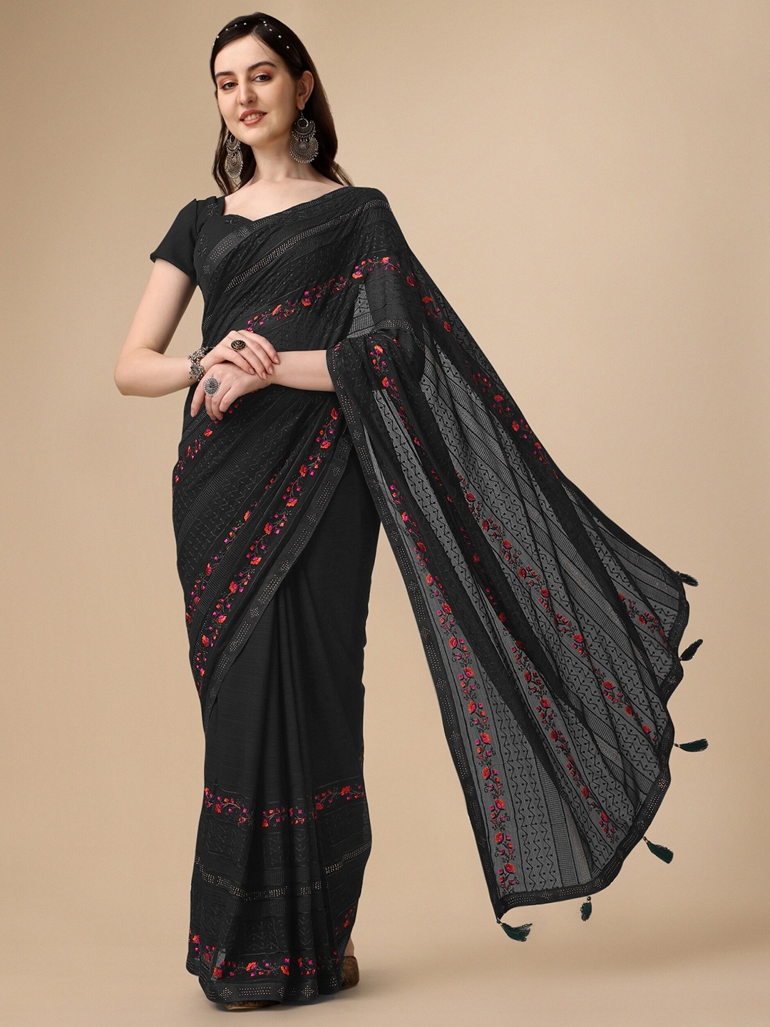 

KALINI Floral Beads & Stones Embroidered Pure Chiffon Saree, Black
