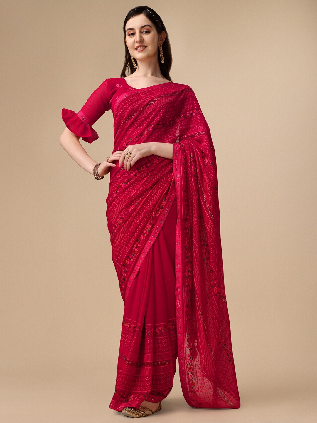 

KALINI Floral Embroidered Pure Chiffon Saree, Pink