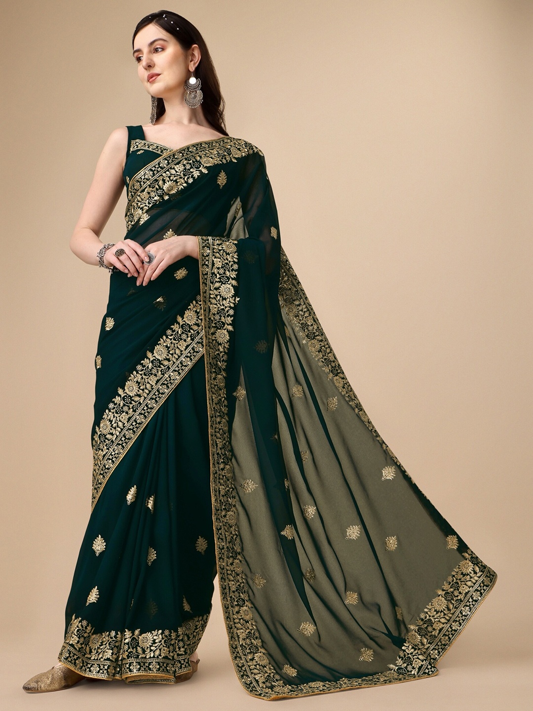 

KALINI Floral Embroidered Pure Georgette Saree, Teal