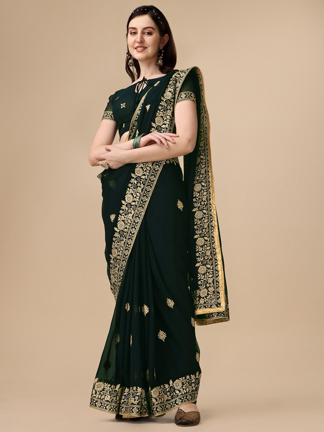 

KALINI Ethnic Motifs Embroidered Pure Georgette Saree, Green