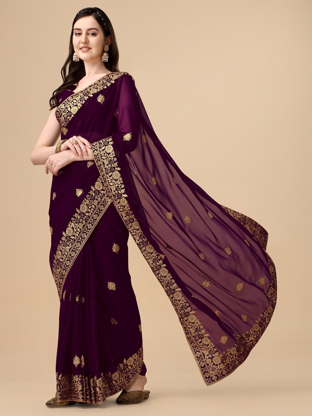 

KALINI Floral Embroidered Pure Georgette Saree, Purple