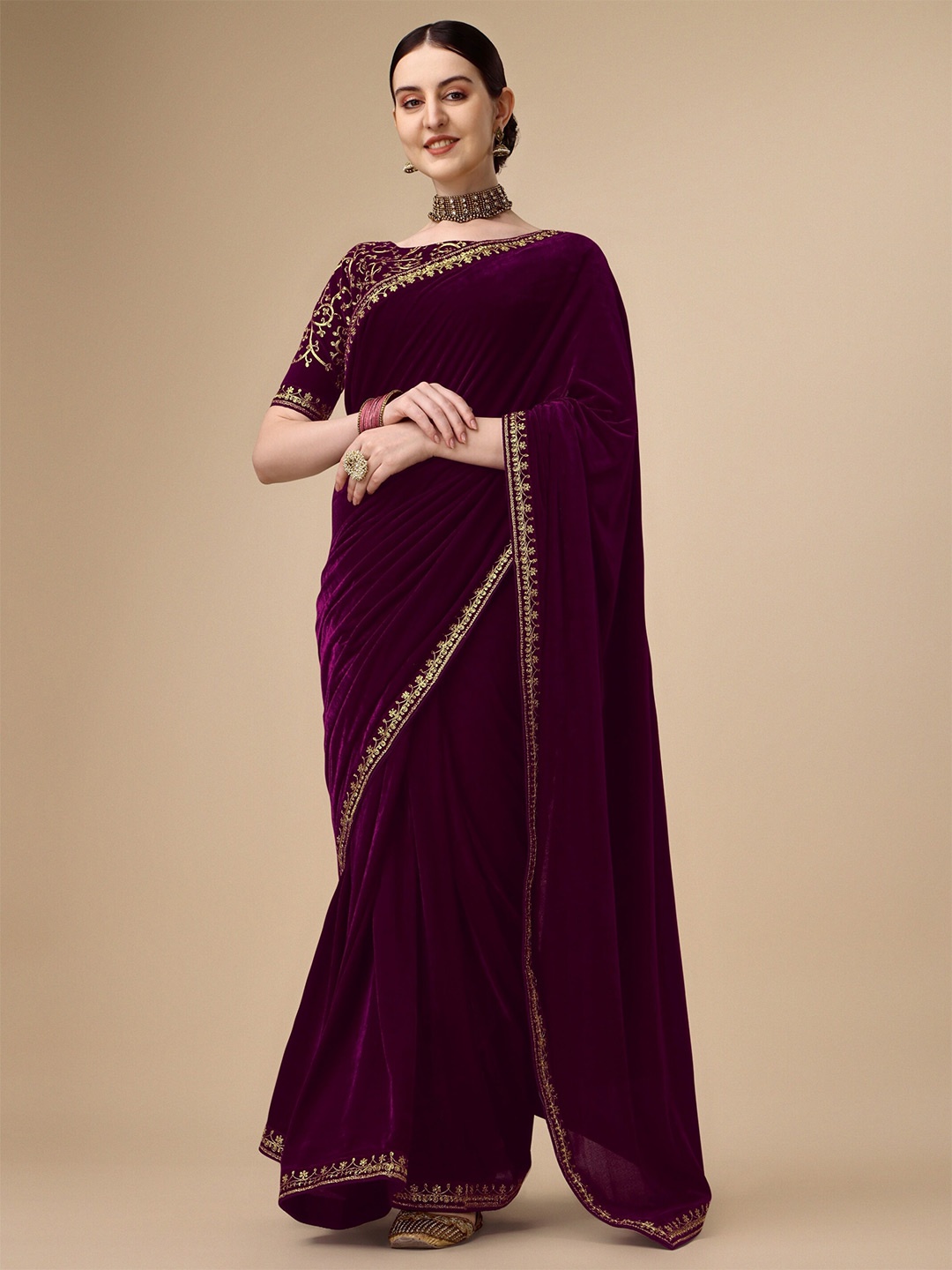 

KALINI Embroidered Border Velvet Saree, Purple