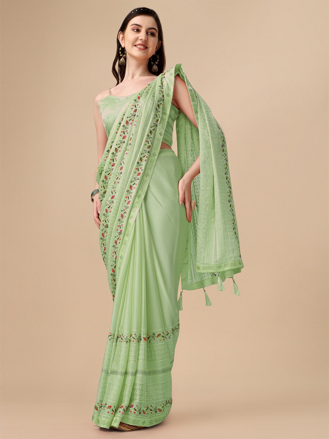 

KALINI Floral Embroidered Pure Chiffon Saree, Sea green