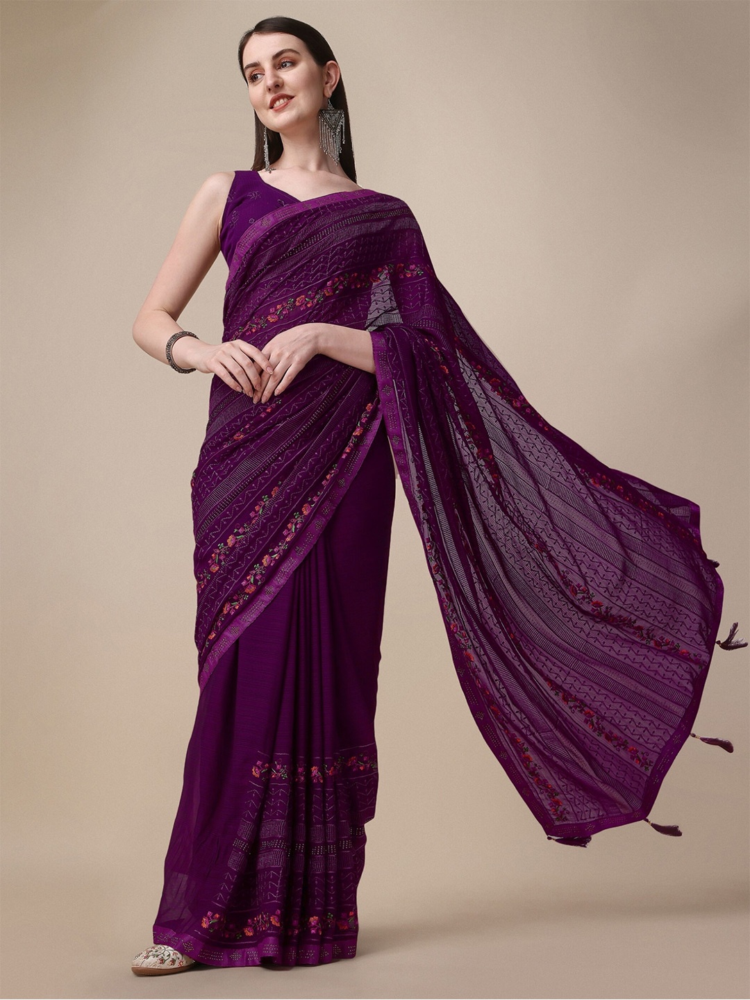 

KALINI Floral Embroidered Pure Chiffon Saree, Purple