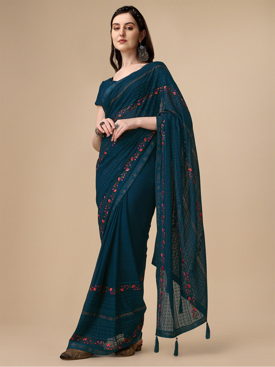 

KALINI Floral Embroidered Pure Chiffon Saree, Teal