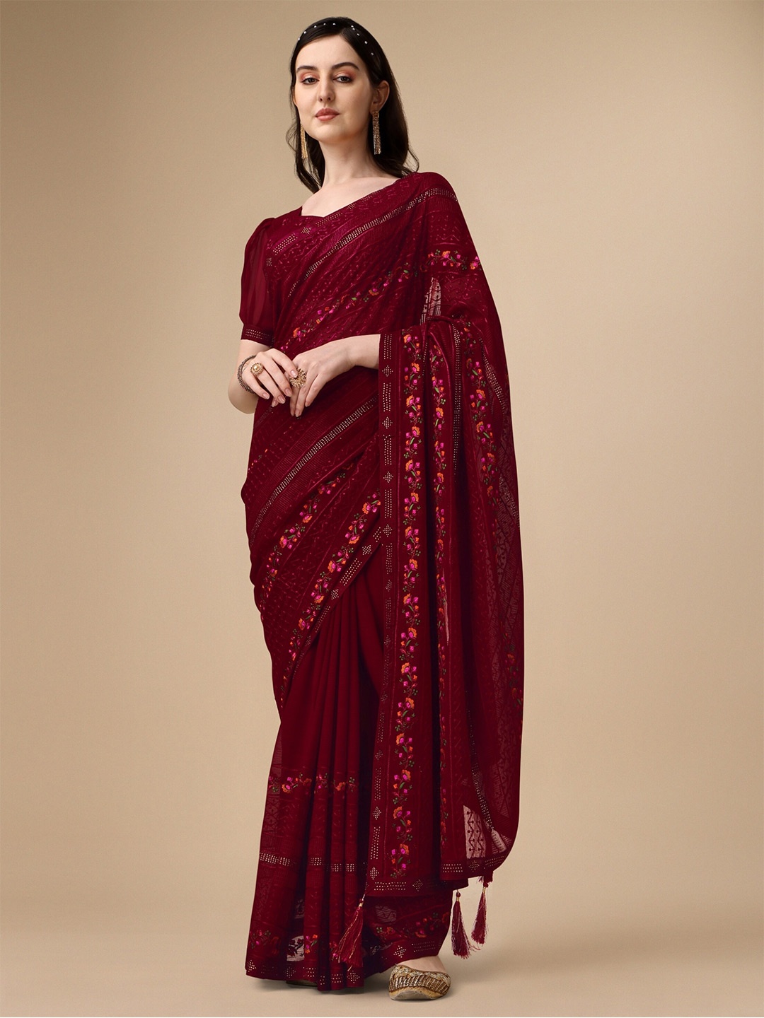 

KALINI Floral Embroidered Pure Chiffon Saree, Maroon