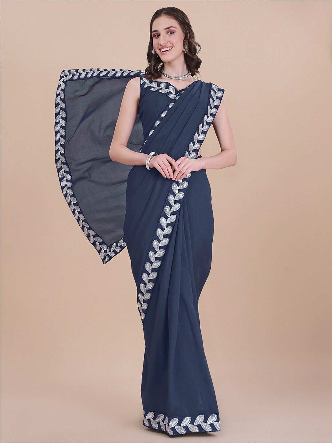 

KALINI Embroidered Border Lace Work Saree, Grey