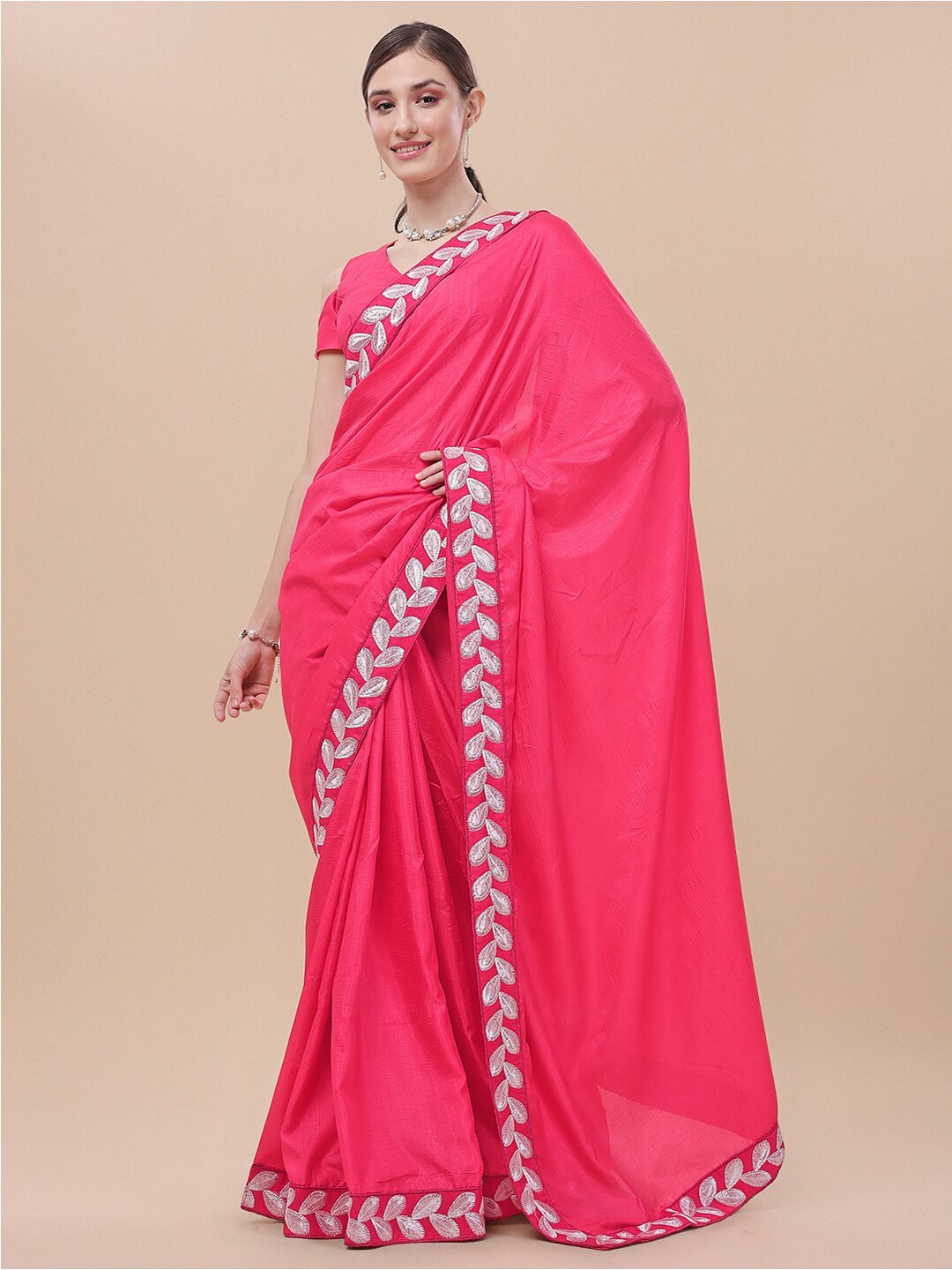 

KALINI Embroidered Border Lace Work Saree, Pink