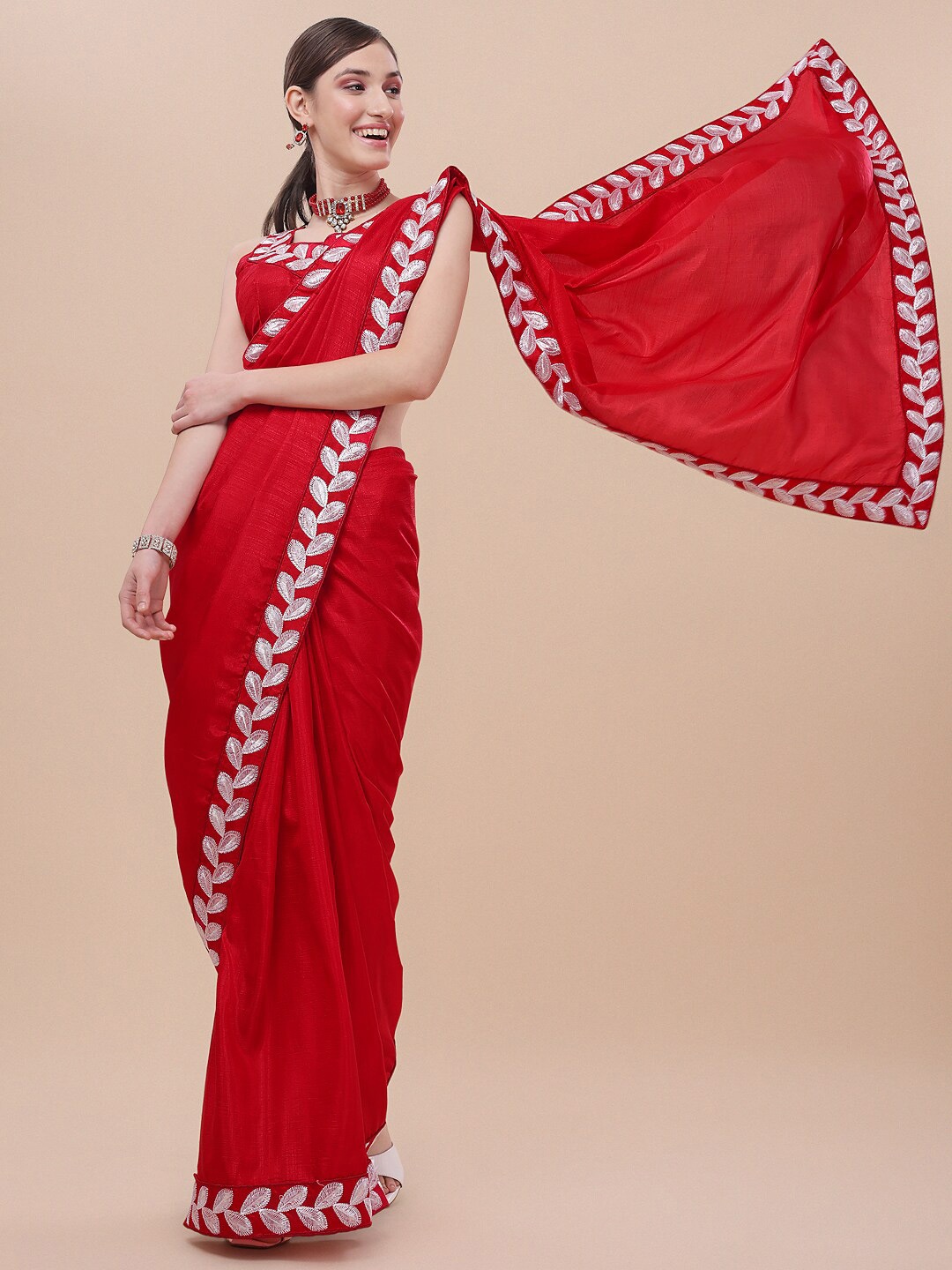 

KALINI Solid Embroidered Lace Work Saree, Red