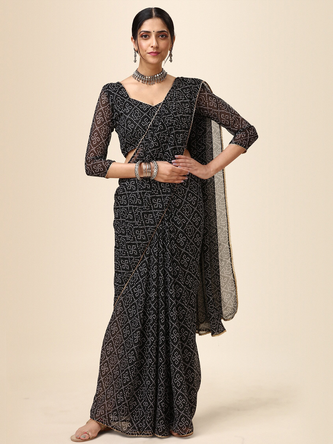 

KALINI Bandhani Printed Pure Georgette Saree, Black