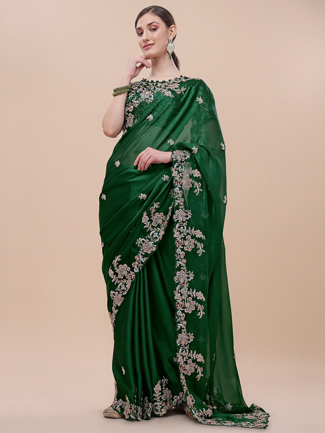 

KALINI Floral Embroidered Silk Blend Saree, Green