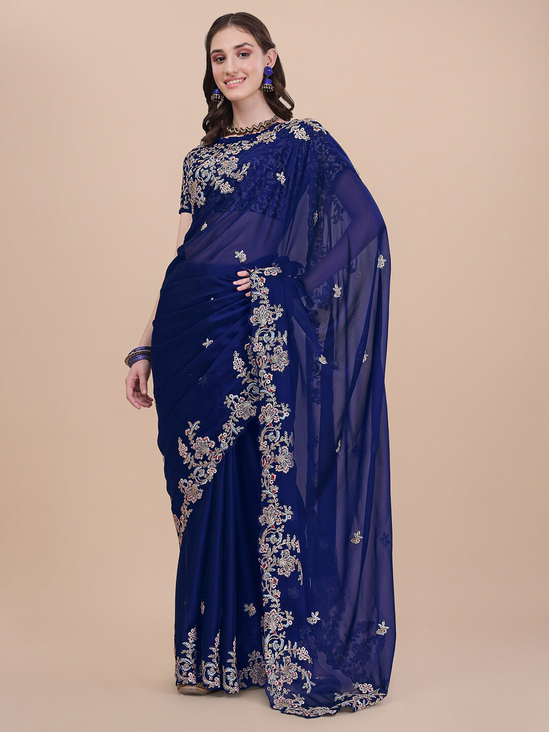 

KALINI Floral Embroidered Saree, Blue